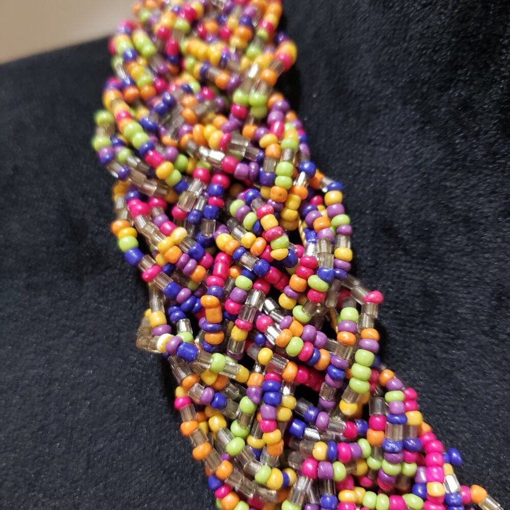 Womens Wide Braided Seed Bead Multi Strand Statement Necklace with Lobster Clasp - Picture 5 of 6